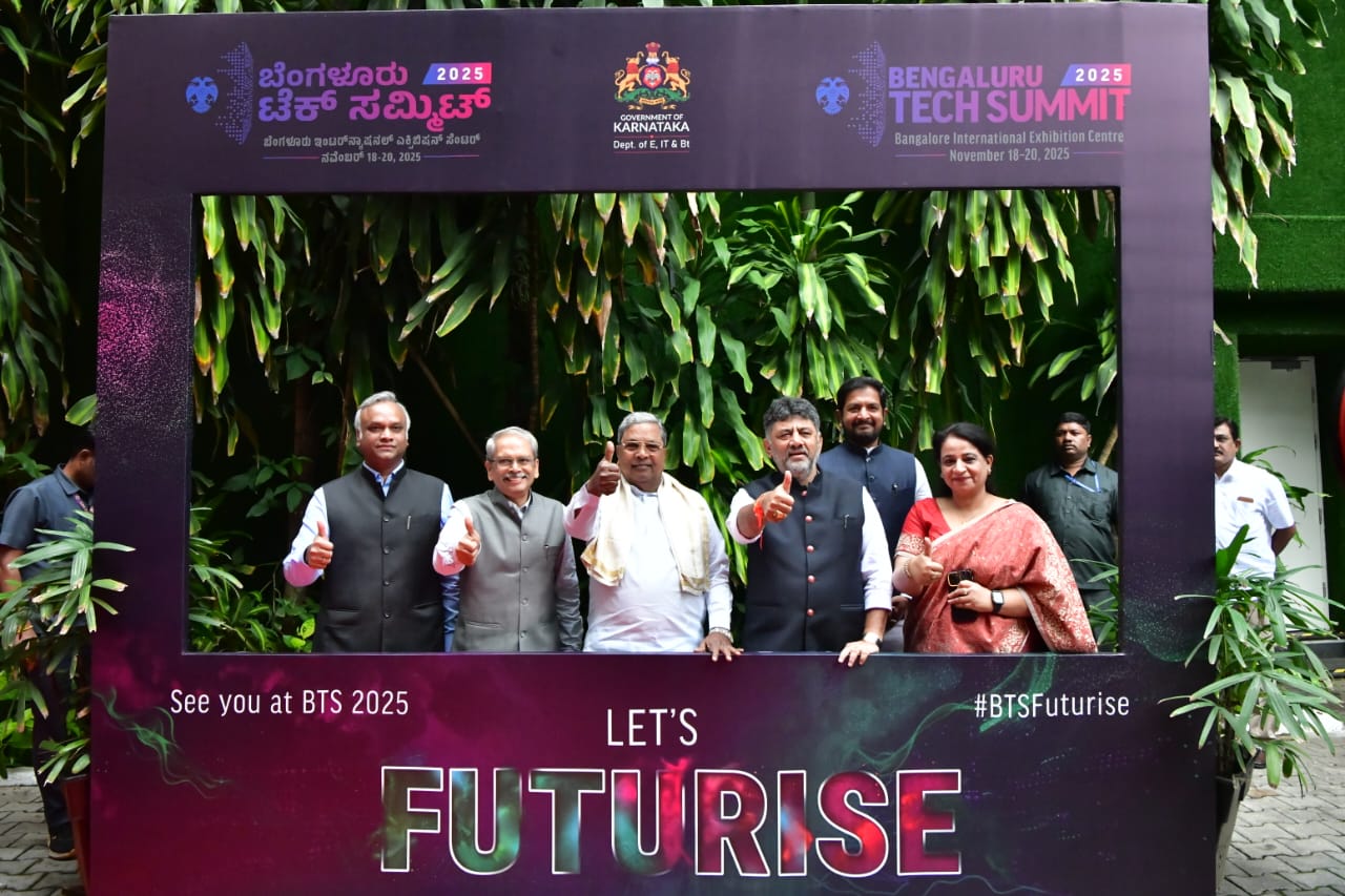From Left: Mr. Priyank Kharge, Minister for Information Technology & Biotechnology and RDPR; Mr. Kris Gopalakrishnan, Chairman of the Vision Group on Information Technology, GoK; Chairman of RBIH (Reserve Bank of India Innovation Hub); Chairman of CII Centre of Excellence in Innovation, Entrepreneurship and Startups (CIES); Mr. Siddaramaiah, Chief Minister of Karnataka; Mr. D.K. Shivakumar, Deputy Chief Minister; Chairman, Karnataka State Electronics Development Corporation Limited, GoK; Mr. Sharath Bachegowda, Chairman, Karnataka State Electronics Development Corporation Limited, GoK; Dr. Ekroop Caur, IAS, Secretary to Government, Department of Electronics, IT, Bt, and S&T, Government of Karnataka at the Bengaluru Tech Summit 2025 Press Conference, held on Monday at the Taj Westend, Bengaluru.